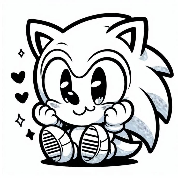 Sonic em estilo kawaii, sentado, com corações e estrelas ao redor. Perfeito para fãs do personagem e para quem ama desenhos fofos.