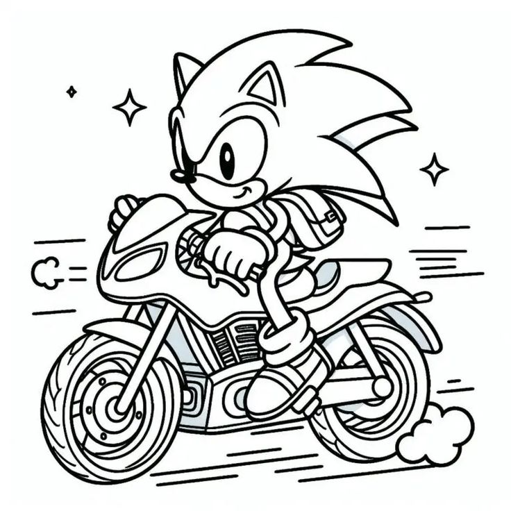 Desenho do Sonic em uma moto esportiva, pronto para colorir e se divertir em alta velocidade.