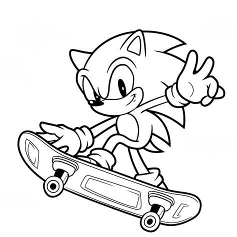 Desenho do Sonic andando de skate, com seu tênis e luvas brancas, pronto para colorir e mostrar toda sua velocidade!