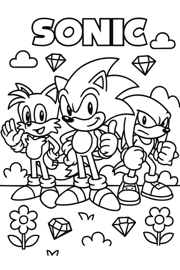 Ilustração para colorir com Sonic, Tails e Knuckles posando juntos ao lado de diamantes, nuvens e flores.