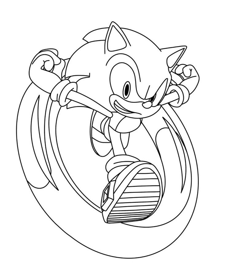 Desenho do Sonic The Hedgehog, o ouriço azul com tênis e luvas, correndo em alta velocidade para colorir.