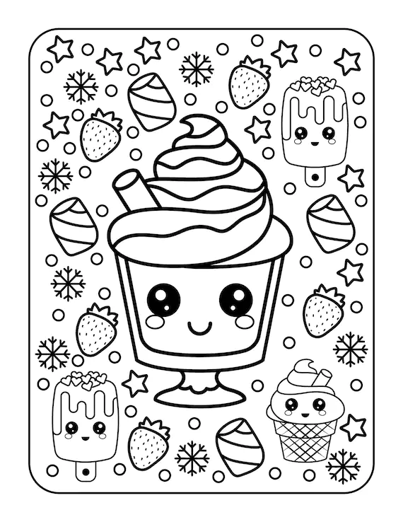 Desenho de sorvetinho kawaii, com sundae, picolés, chantilly, corações e estrelas para pintar e se divertir.