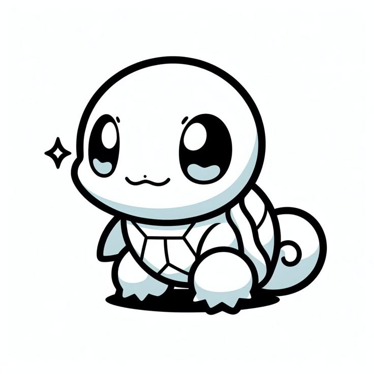 Desenho de um Squirtle no estilo Kawaii com olhos grandes, casco decorado e uma estrela cintilante ao lado da cabeça, pronto para imprimir e colorir.