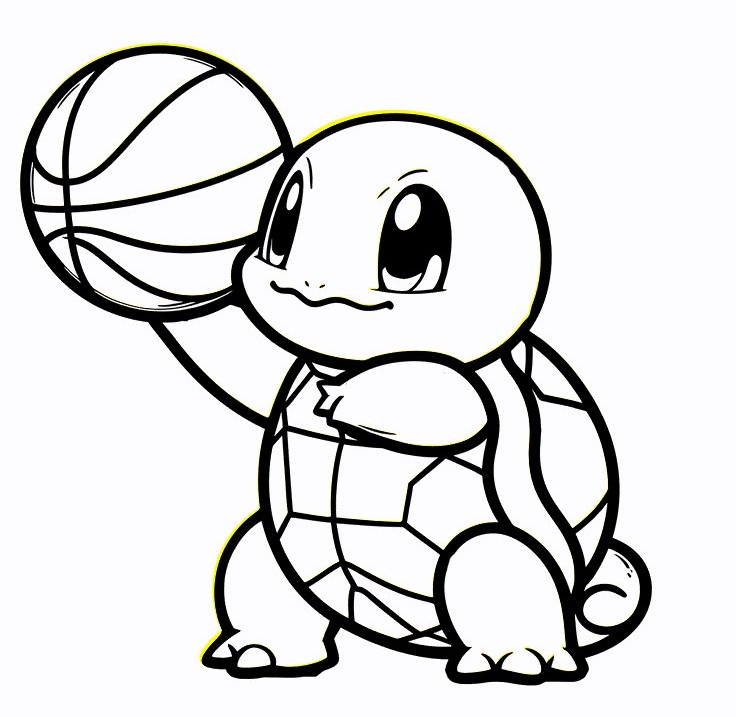 Desenho para imprimir e colorir do pequeno Pokémon tartaruga Squirtle, para pronto para fazer uma cesta de basquete.