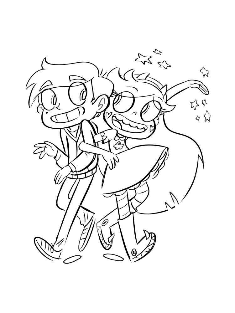 Desenho da Star Borboleta e Marco Diaz caminhando juntos, cercados por estrelas mágicas, prontos para uma aventura.