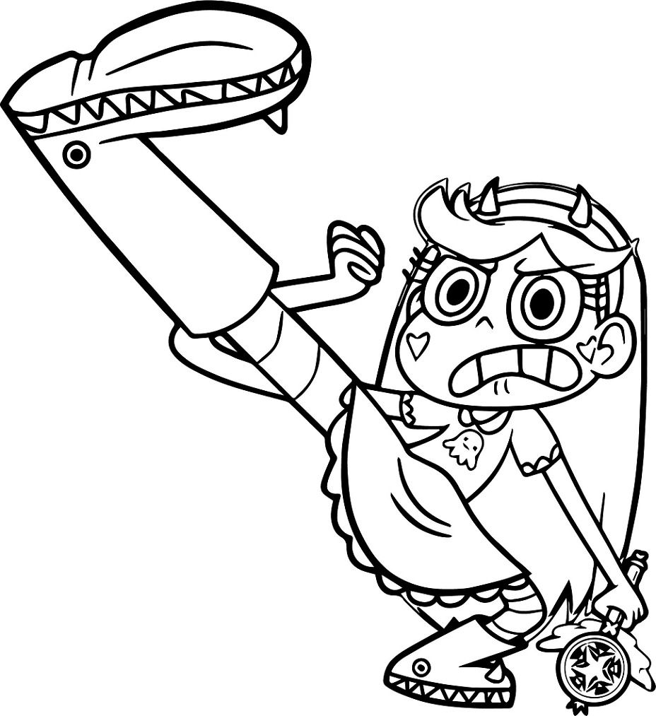 Star Butterfly realizando um chute poderoso enquanto segura sua varinha mágica em uma pose de batalha.