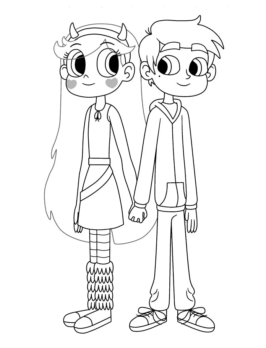Desenho para colorir de Star Butterfly e Marco Diaz de mãos dadas, exibindo seus traços característicos do desenho Star vs as Forças do Mal.