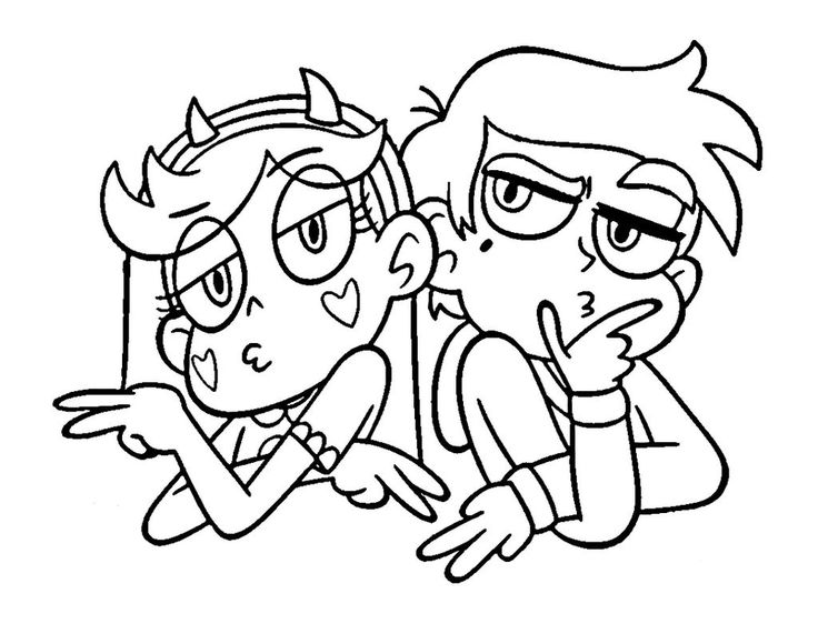 Desenho para colorir de Star Butterfly e Marco Diaz com expressões de dúvida e curiosidade.