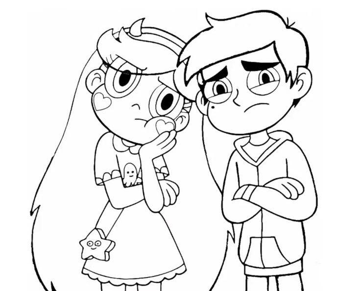 Star Butterfly e Marco Diaz com expressões preocupadas e braços cruzados para colorir