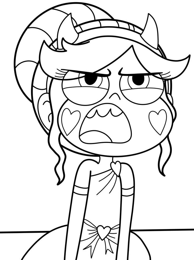 Desenho de linha da Star Butterfly com expressão de irritação, cabelo loiro volumoso com tiara de chifres e vestido com corações.