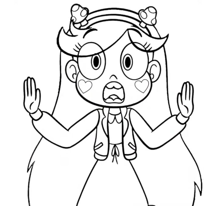 Star Butterfly com expressão de surpresa, mãos levantadas e tiara de cogumelos, pronta para ser colorida.