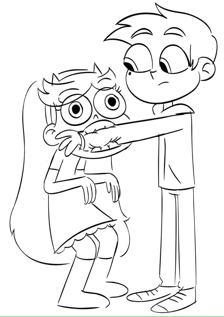 Star Butterfly com olhos arregalados e Marco Diaz cobrindo sua boca em uma cena engraçada da série animada.
