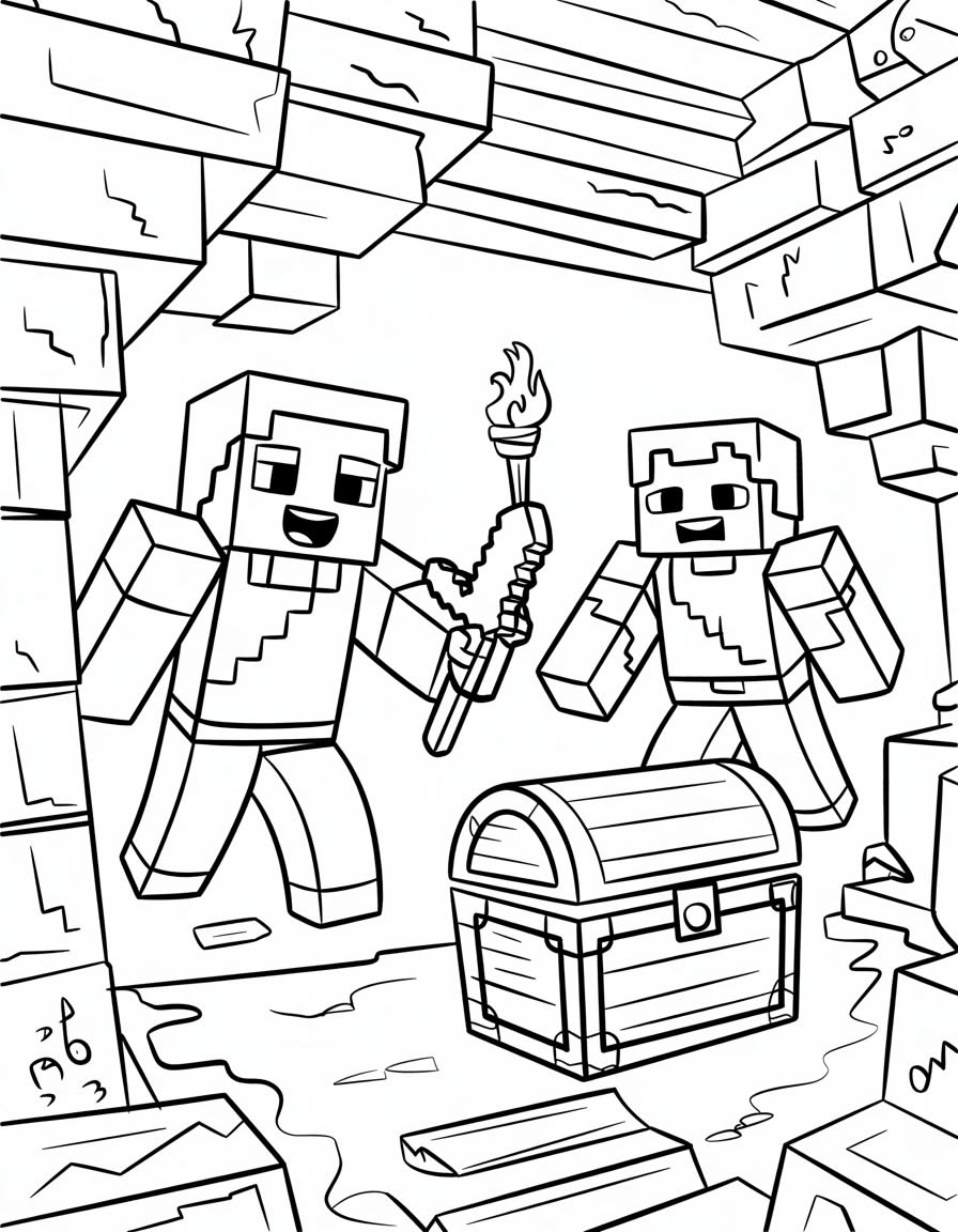 Steve e Alex do Minecraft segurando uma tocha em uma caverna cheia de blocos com um baú de tesouro à frente.