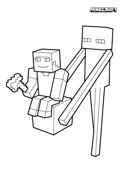 Desenho para colorir de Steve e Enderman do Minecraft em estilo cartoon, com Steve sentado segurando uma picareta e Enderman com seus longos braços.