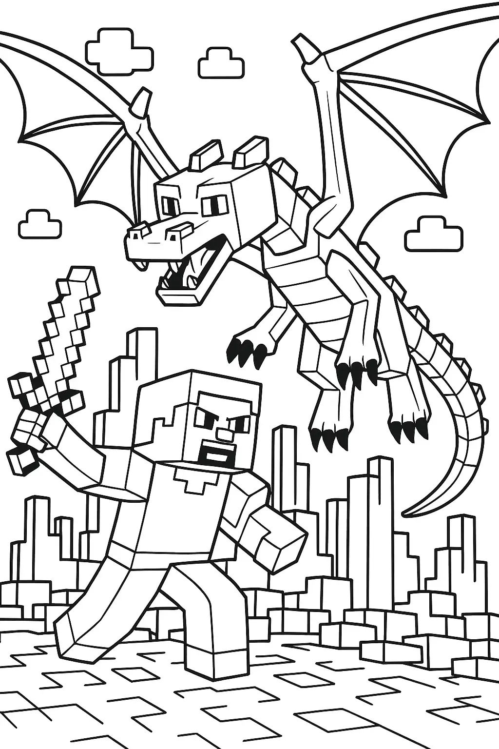 Desenho para colorir mostrando o personagem Steve, de Minecraft, segurando uma espada e enfrentando o dragão Ender Dragon em um cenário de blocos.