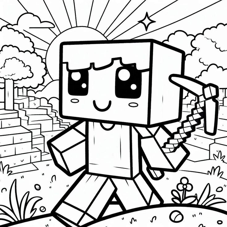 Desenho do Steve do Minecraft segurando uma picareta em um cenário com blocos, sol e vegetação para imprimir e colorir.