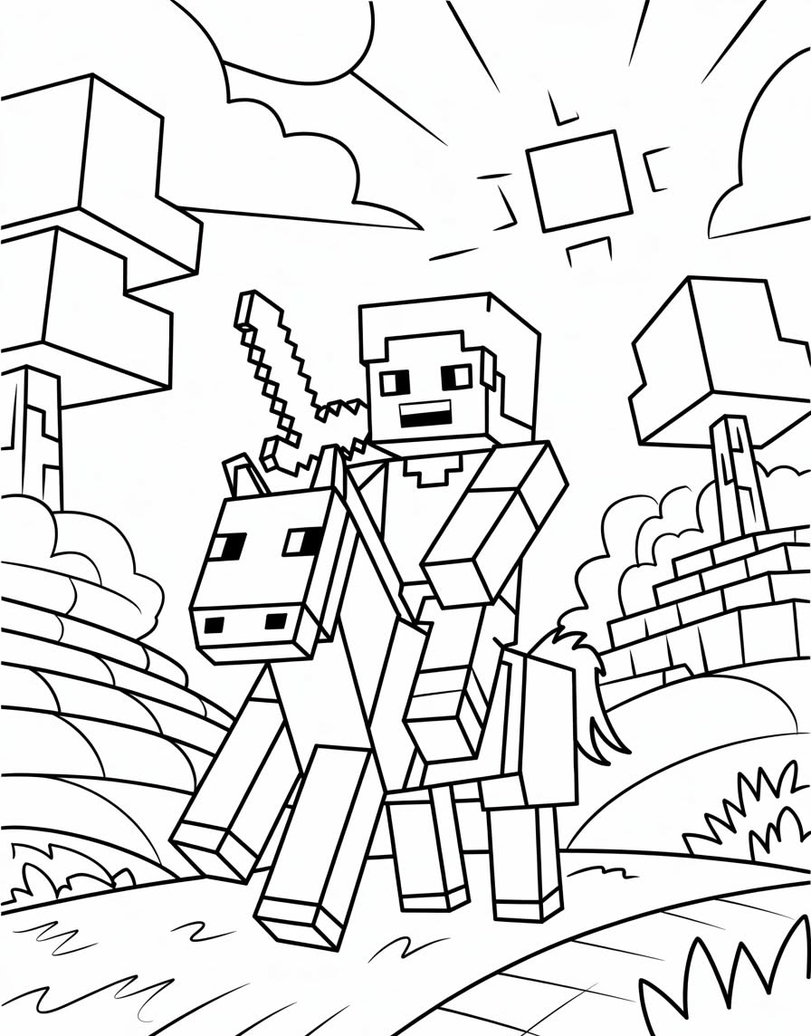 Steve do Minecraft montado em um cavalo, segurando uma picareta, com um cenário de blocos e sol quadrado ao fundo.