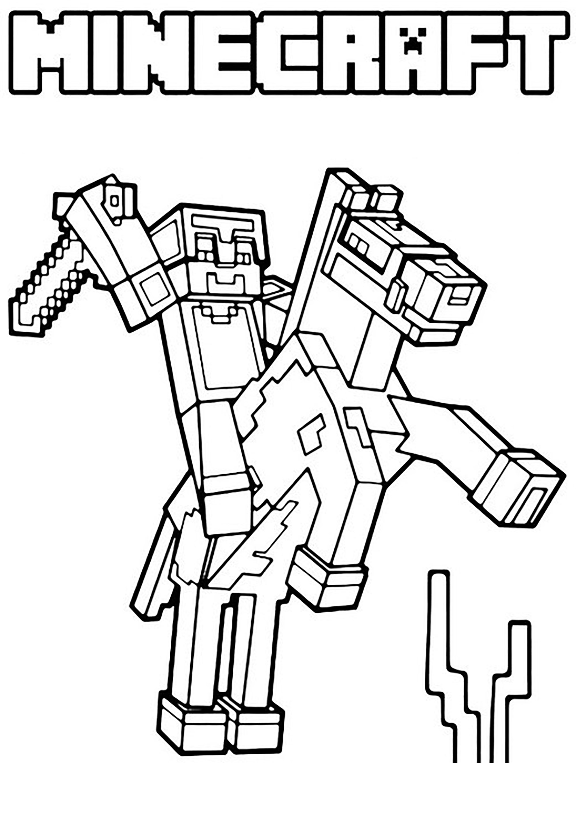 Desenho para colorir do Steve, personagem do Minecraft, montado em um cavalo que está empinando, com uma espada na mão.