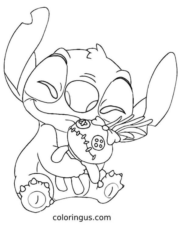 Desenho do Stitch abraçando um boneco de pano com costuras visíveis e botões para imprimir e colorir.