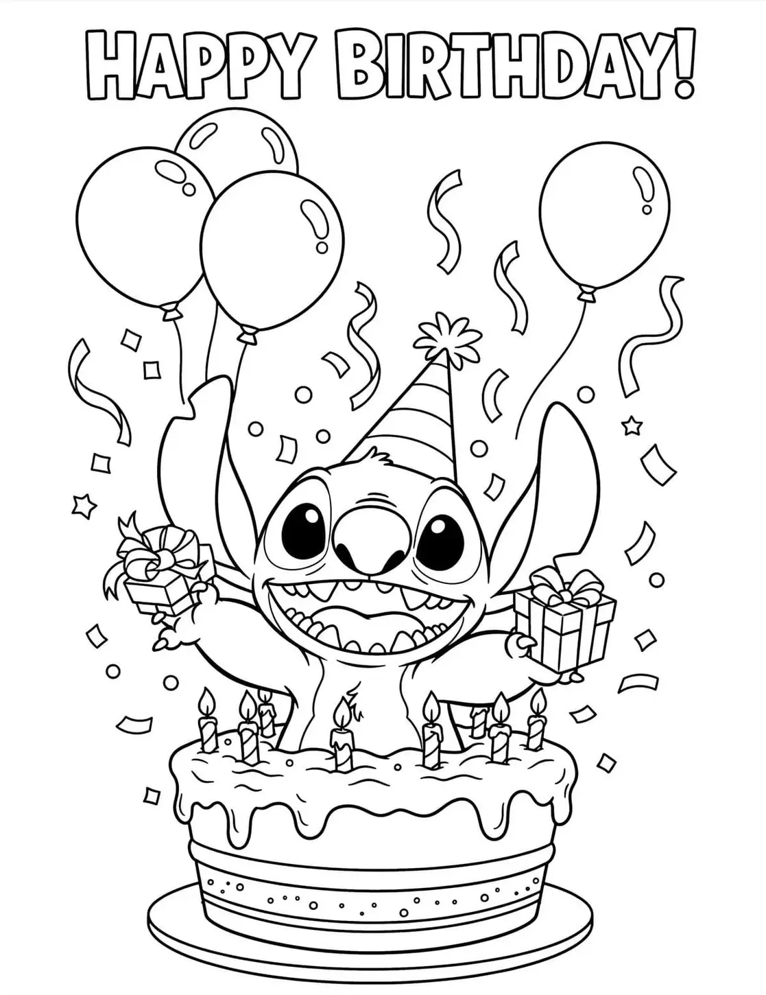 Stitch, o alienígena azul, usando um chapéu de festa e saindo de um bolo de aniversário decorado com velas, segurando presentes entre balões e confetes.