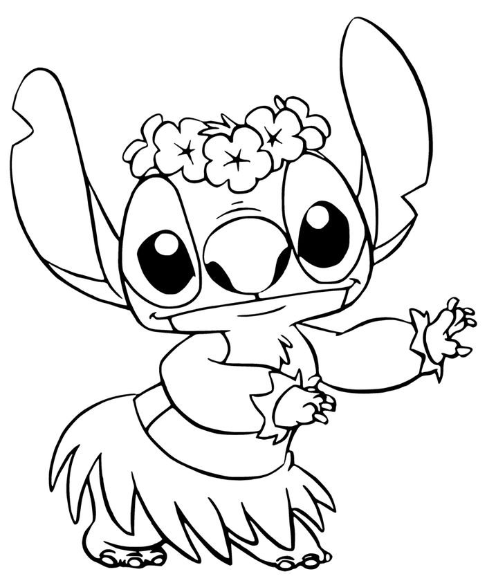 Desenho do Stitch havaiano com saia de hula, coroa de flores e um visual divertido para colorir e imprimir.
