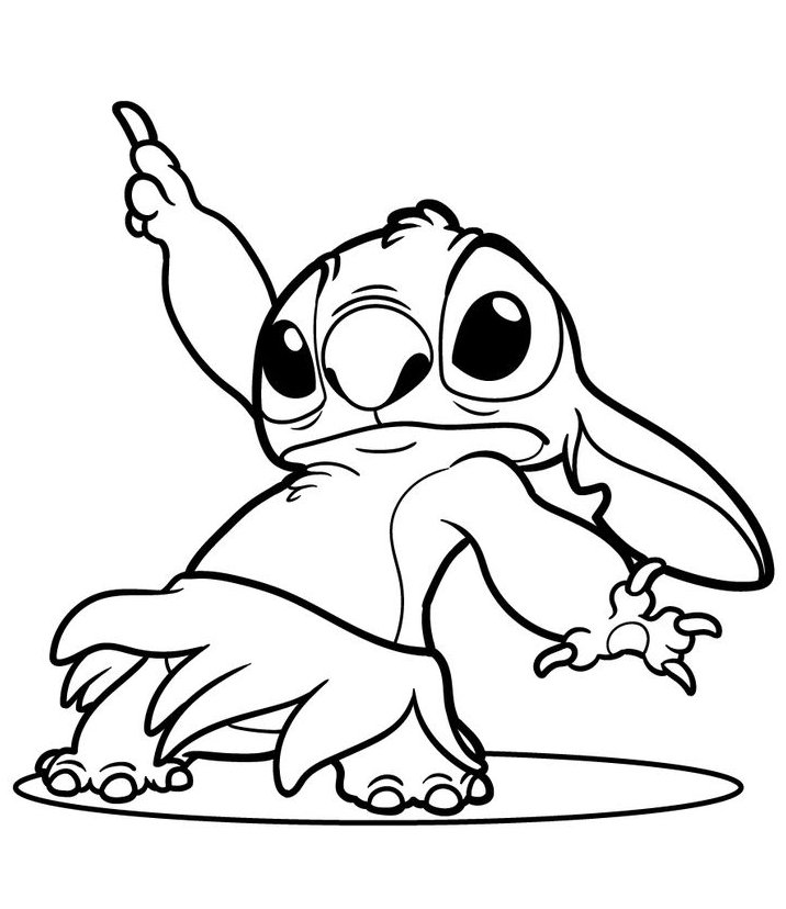 Desenho do Stitch havaiano com saia de folhas dançando ula para imprimir e colorir.