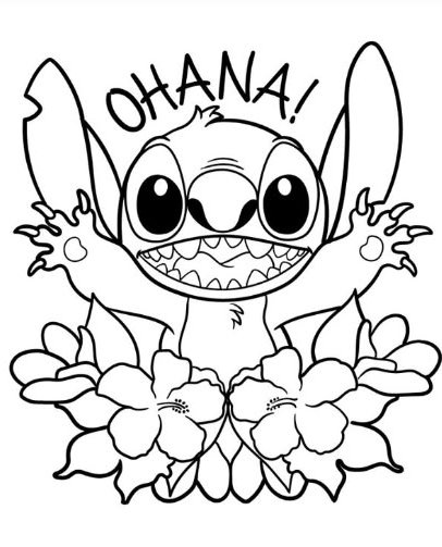 Desenho do Stitch com flores de hibisco e a palavra 'Ohana' para imprimir e colorir. Celebre a amizade e a família com Lilo e Stitch!