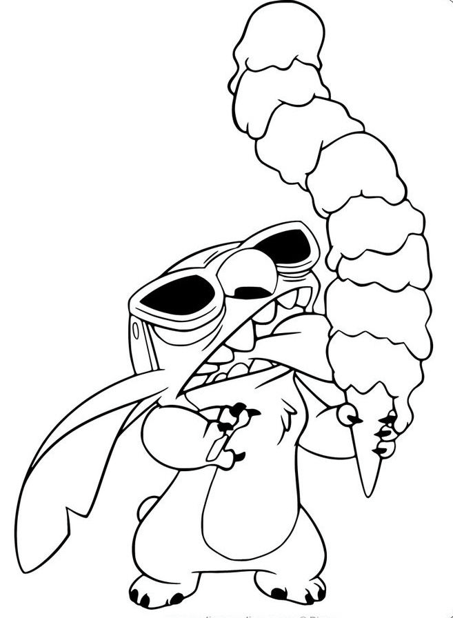 Desenho do Stitch de Lilo & Stitch com óculos escuros e um sorvete gigante para colorir e imprimir.