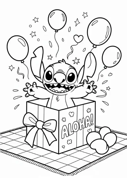 Stitch saindo de uma caixa de presente aberta com a palavra ALOHA escrita, rodeado por balões e estrelas para colorir.
