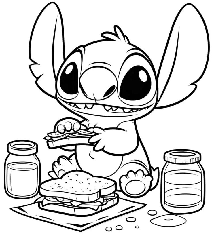 Desenho do Stitch, personagem de Lilo & Stitch, comendo um sanduíche e outros elementos de piquenique para colorir.