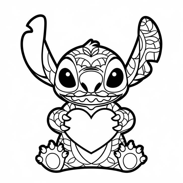 Stitch segurando um coração com padrões de mandala para colorir e relaxar.