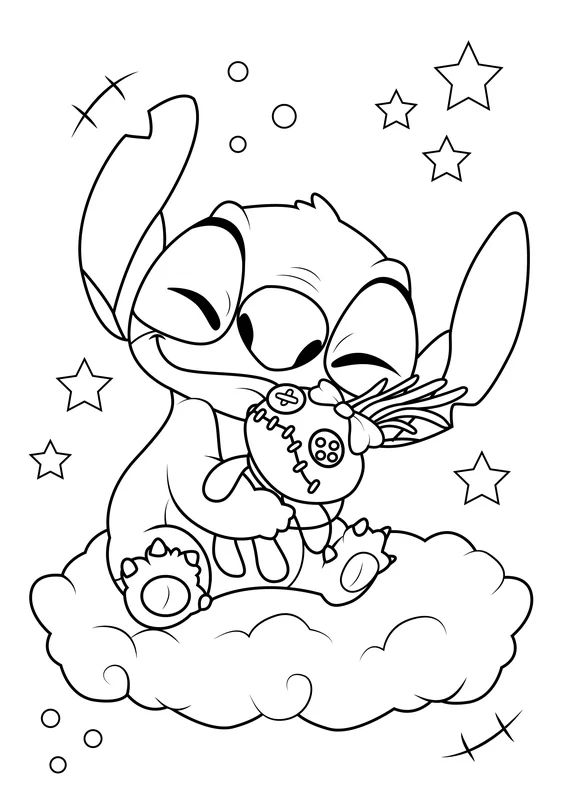 Desenho do Stitch, de Lilo & Stitch, sentado em uma nuvem abraçando um boneco de pano, com estrelas e círculos ao fundo, pronto para colorir.