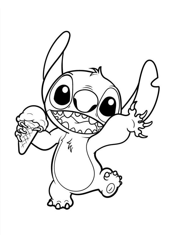Desenho do Stitch, o alienígena azul de Lilo & Stitch, tomando um delicioso sorvete de morango de casquinha para colorir e imprimir.