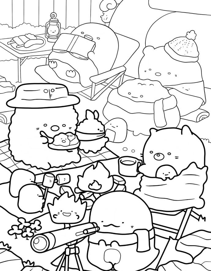 Desenho dos Sumikko Gurashi em um acampamento com mesa de piquenique, fogueira e telescópio para colorir.