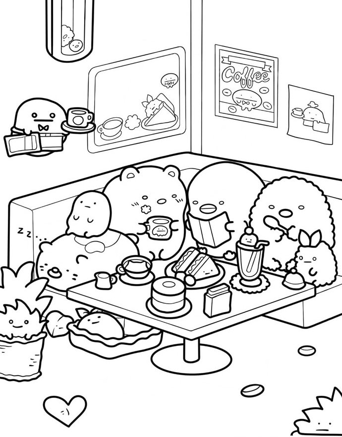 Desenho dos Sumikko Gurashi reunidos em um café, comendo bolo, bebendo café e milkshake, para imprimir e colorir.