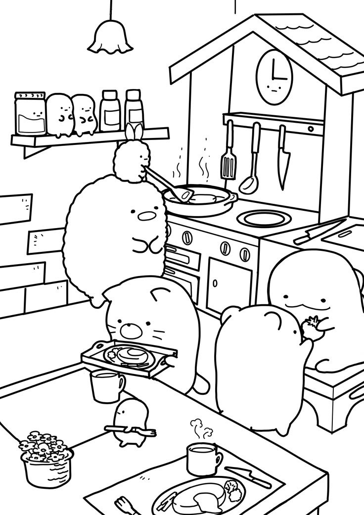 Desenho dos Sumikko Gurashi na cozinha, preparando e servindo panquecas e outros pratos. Cozinheiros divertidos para imprimir e colorir.