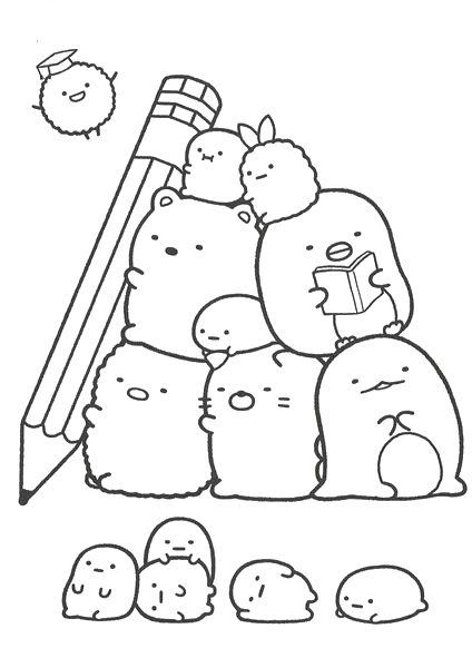 Desenho dos Sumikko Gurashi reunidos na escola com lápis gigante e personagem de formatura para colorir e imprimir.