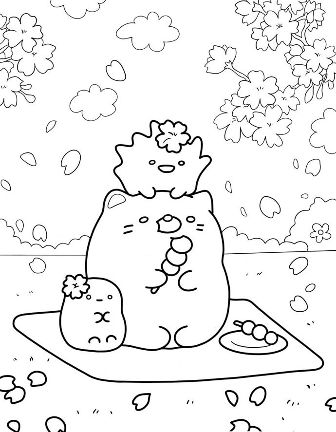 Desenho dos Sumikko Gurashi fazendo um picnic com um gato comendo dangos e um personagem espinhoso com uma flor na cabeça, rodeados por flores de cerejeira para colorir.