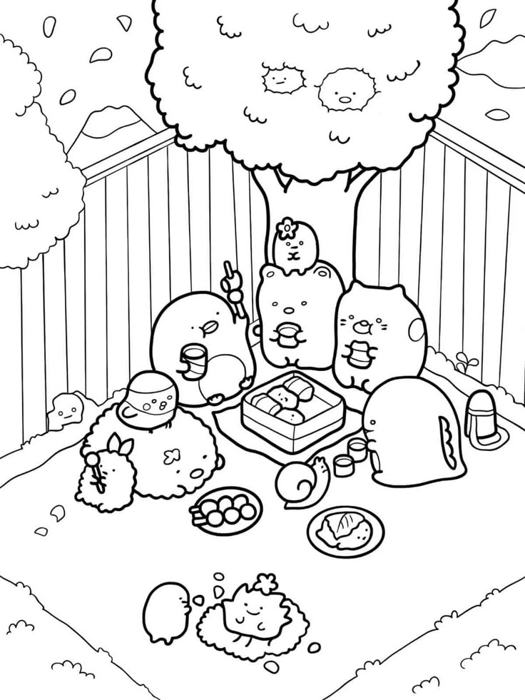 Desenho dos Sumikko Gurashi fazendo um piquenique com árvore grande ao fundo, comidinhas e vários personagens para colorir.