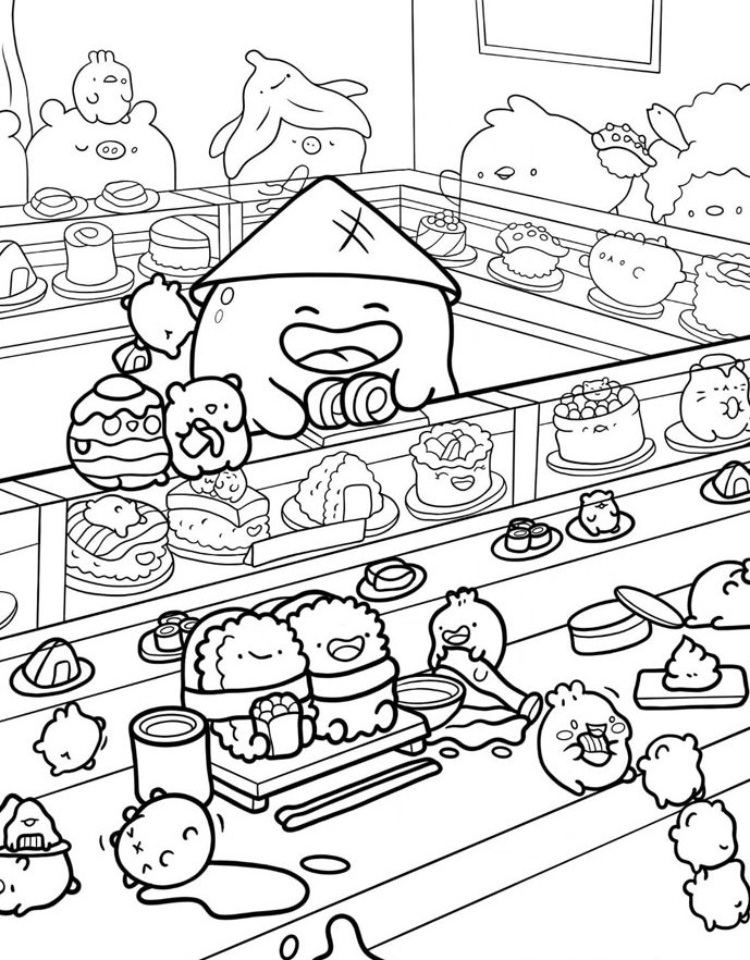 Desenho dos Sumikko Gurashi em um restaurante de sushi comendo e se divertindo para colorir e imprimir.