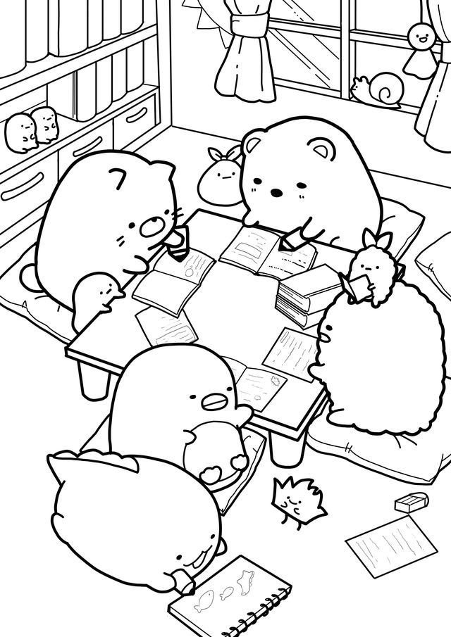 Desenho para colorir de turma estudantil Sumikko com o ursinho, gato, pinguim e bolinho de tempurá sentados em almofadas e estudando.