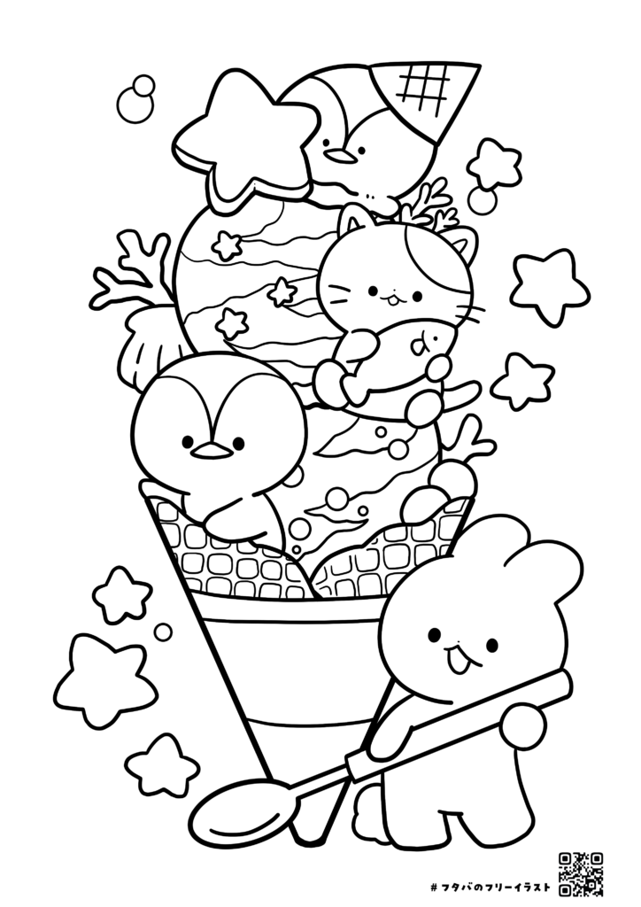 Desenho de sundae de sorvete mais kawaii com pinguim, gato, estrela e detalhes natalinos para colorir e imprimir.