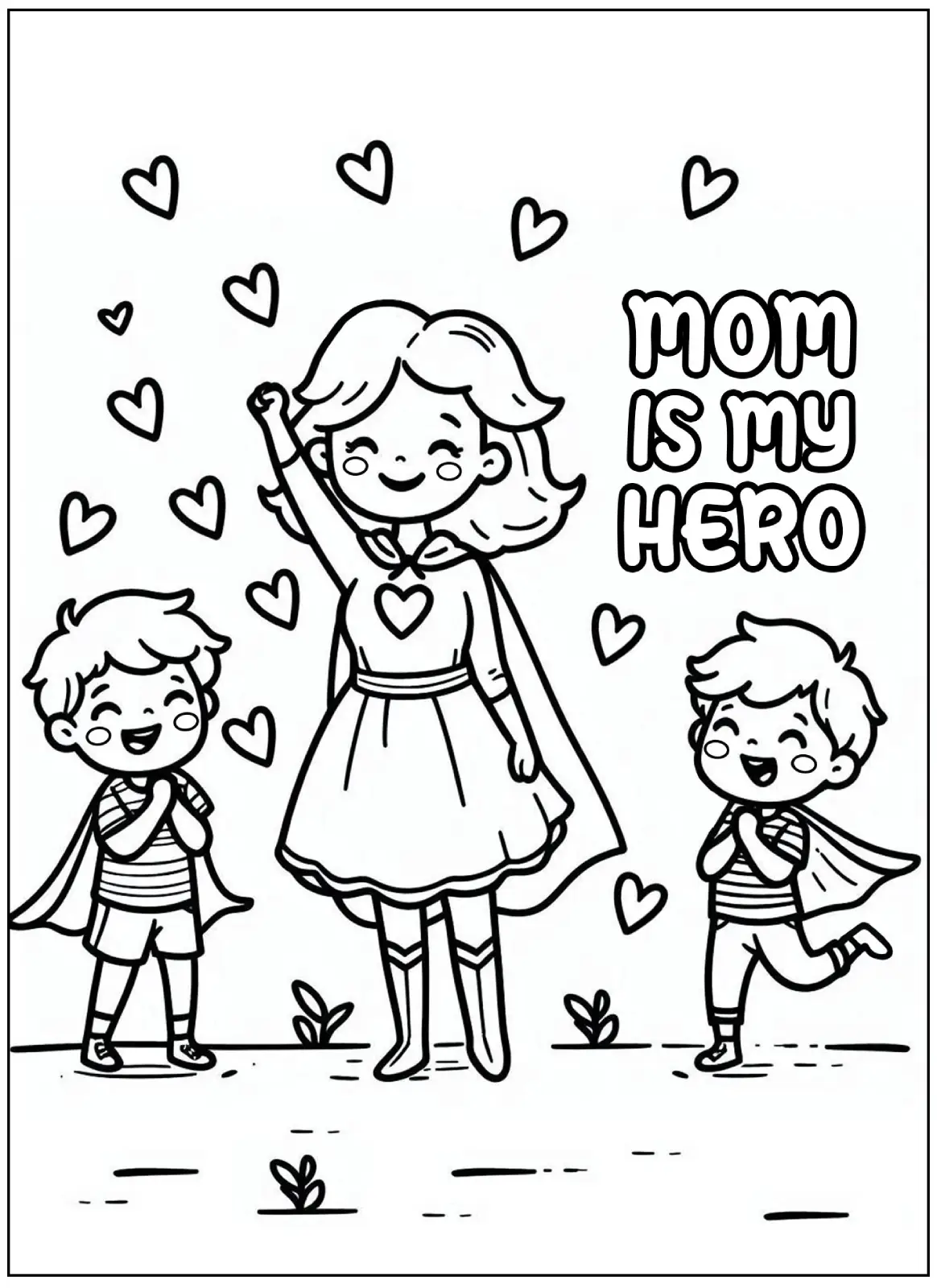 Ilustração para colorir de uma mãe vestida de super-heroína com capa, rodeada por seus dois filhos pequenos e muitos corações ao redor.