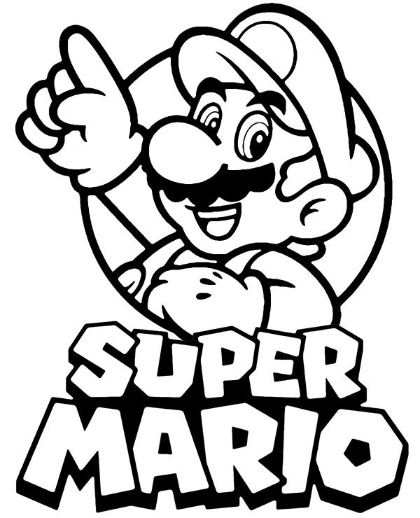 Desenho para colorir do Super Mario com o dedo apontando para cima dentro de um círculo, com o logo Super Mario abaixo.