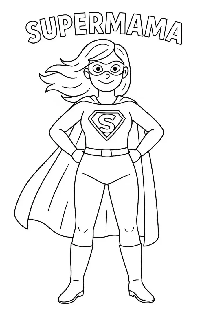 Desenho de uma mulher heroína chamada Supermama com capa e máscara, pronta para colorir.