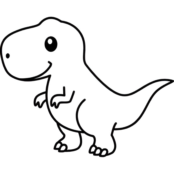 Desenho de um T-Rex kawaii com olhos grandes, sorriso, bracinhos e cauda longa para colorir.
