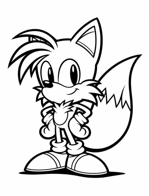 Desenho do Tails cartoonesco, uma raposa sorridente com duas caudas, para imprimir e colorir.