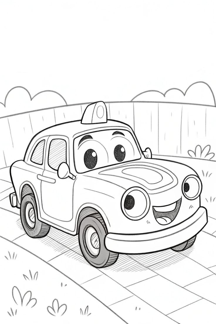 Desenho de um táxi sorridente com grandes olhos redondos, pronto para ser impresso e colorido pelas crianças.