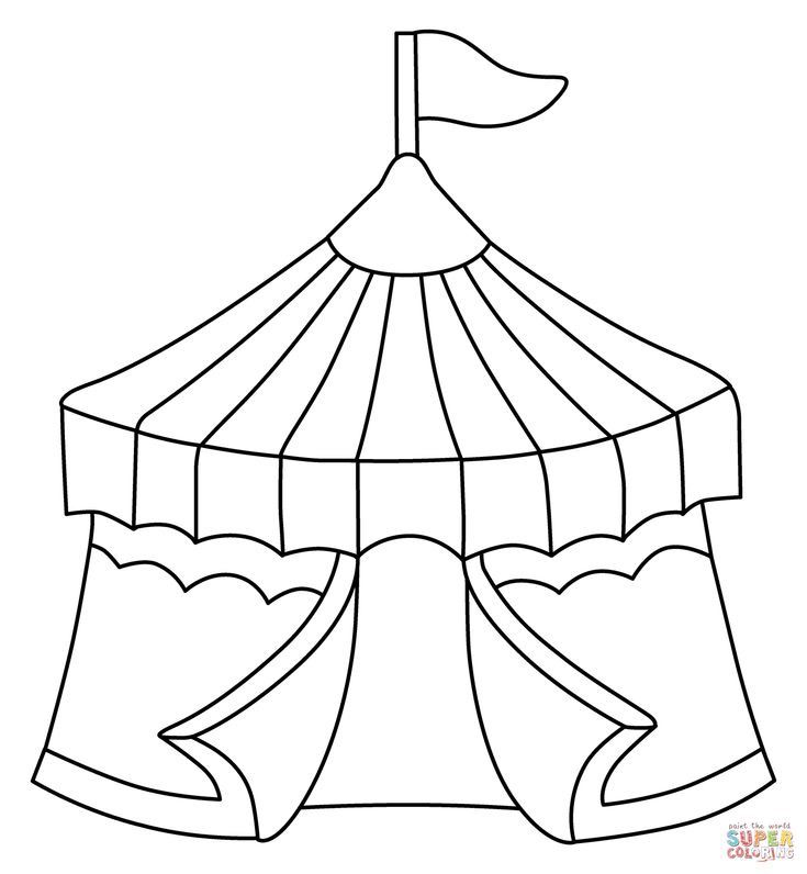 Tenda de circo com traços simples, listras radiais, toldo ondulado e cortinas abertas para colorir. Tema circense ideal para crianças.