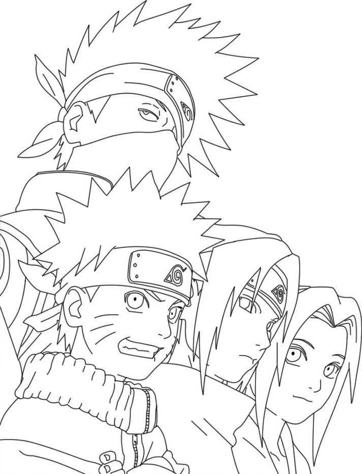 Desenho para colorir mostrando Kakashi, Naruto, Sasuke e Sakura juntos em pose de equipe.